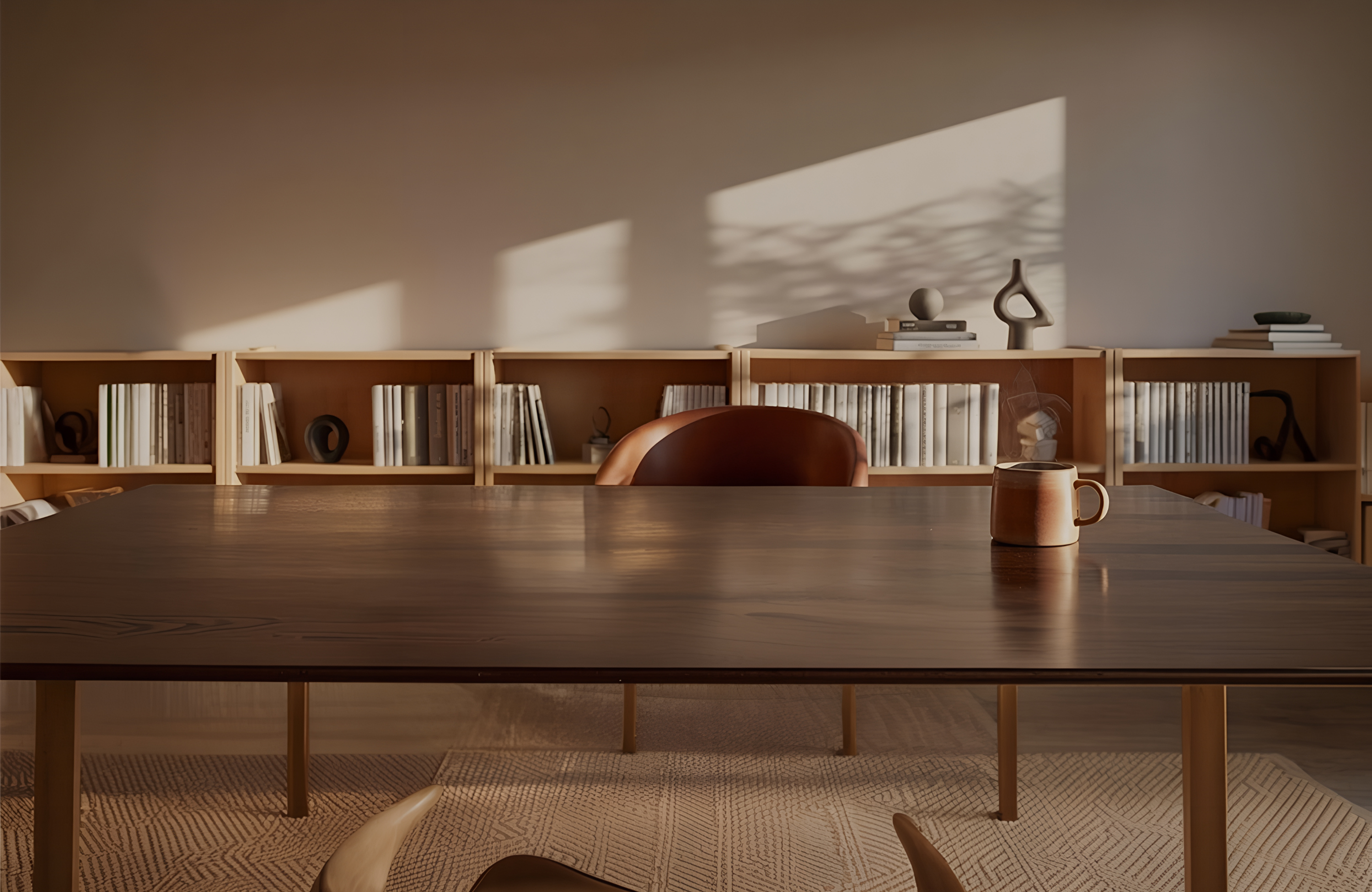 Massivholztisch mit Bücherregal im Hintergrund, warmes Licht